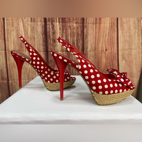 Red and white polka dot Bettie boop rockabilly platform high heeled shoes size 9 - Picture 9 of 17